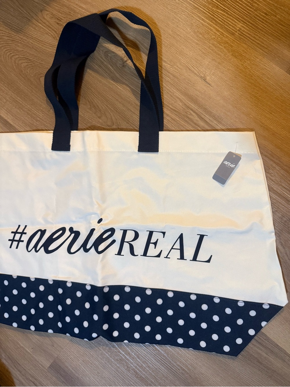 aerie Cream and Navy Canvas Tote with Polka Dot Base